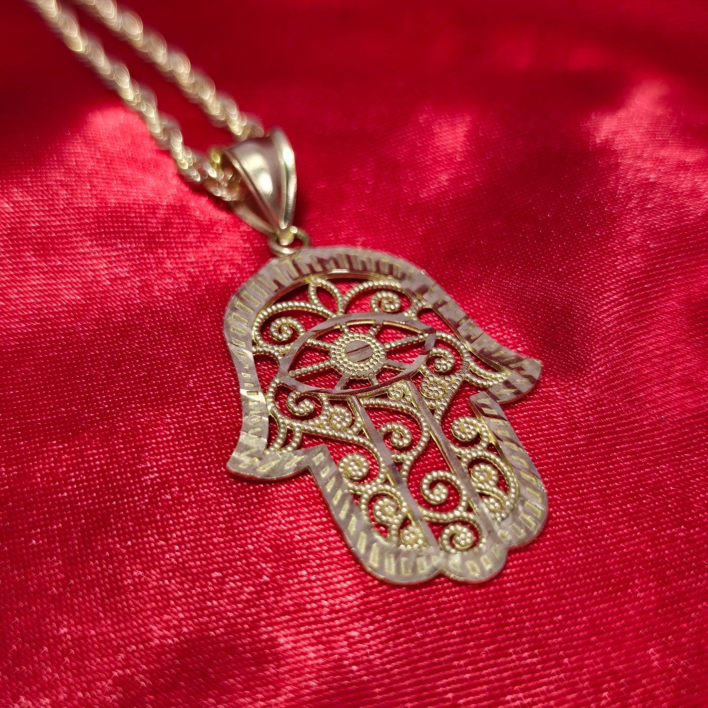10K Hamsa Hand Gold Pendant with Design and 10K Gold Rope Chain 20"