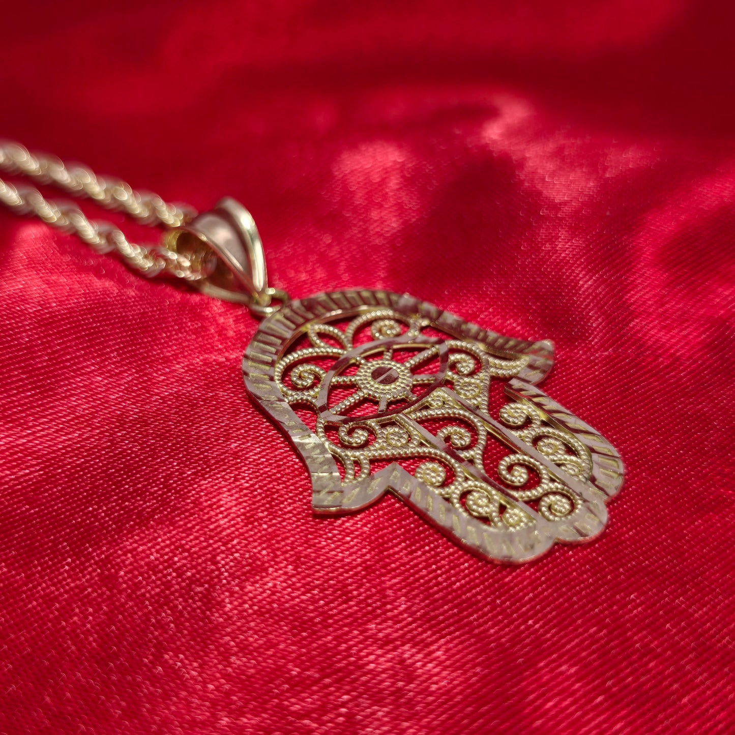 10K Hamsa Hand Gold Pendant with Design and 10K Gold Rope Chain 20"