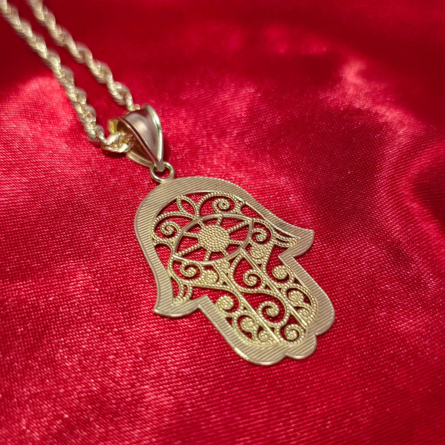 10K Hamsa Hand Gold Pendant with Design and 10K Gold Rope Chain 20"