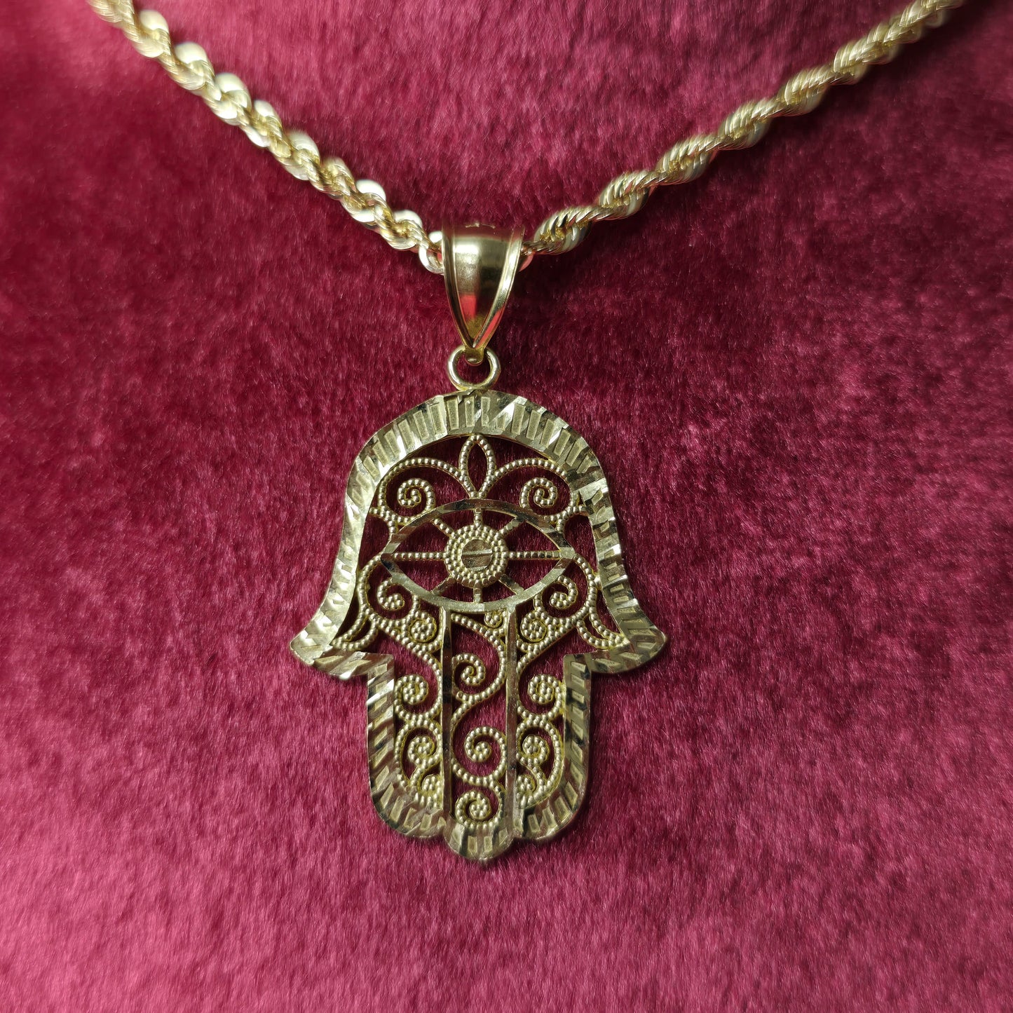 10K Hamsa Hand Gold Pendant with Design and 10K Gold Rope Chain 20"