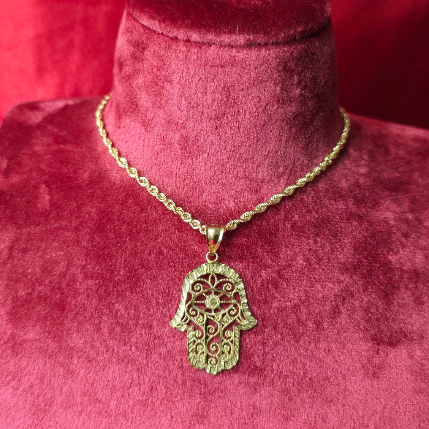 10K Hamsa Hand Gold Pendant with Design and 10K Gold Rope Chain 20"