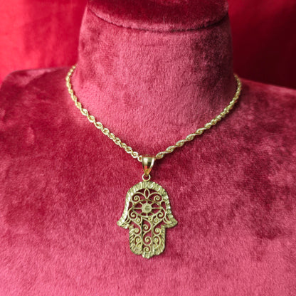 10K Hamsa Hand Gold Pendant with Design and 10K Gold Rope Chain 20"