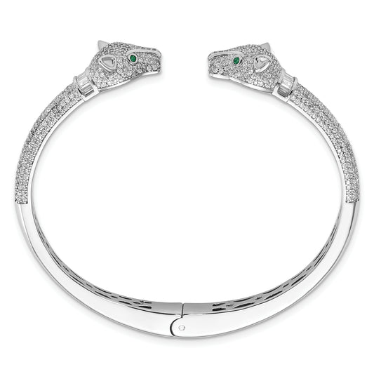 Sterling Silver Rhodium-plated Polished CZ Lioness Hinged Cuff Bangle