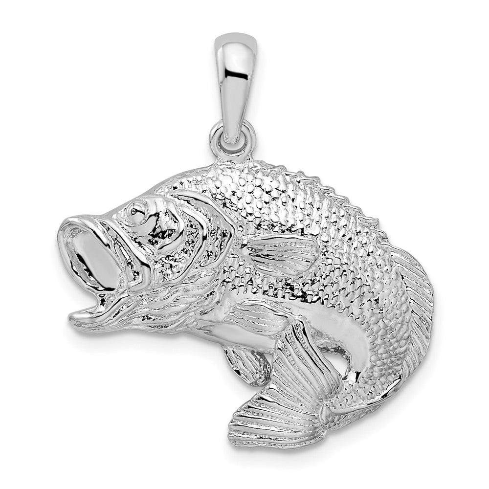 Sterling Silver Rhodium-plated Polished Jumping Bass Fish Pendant