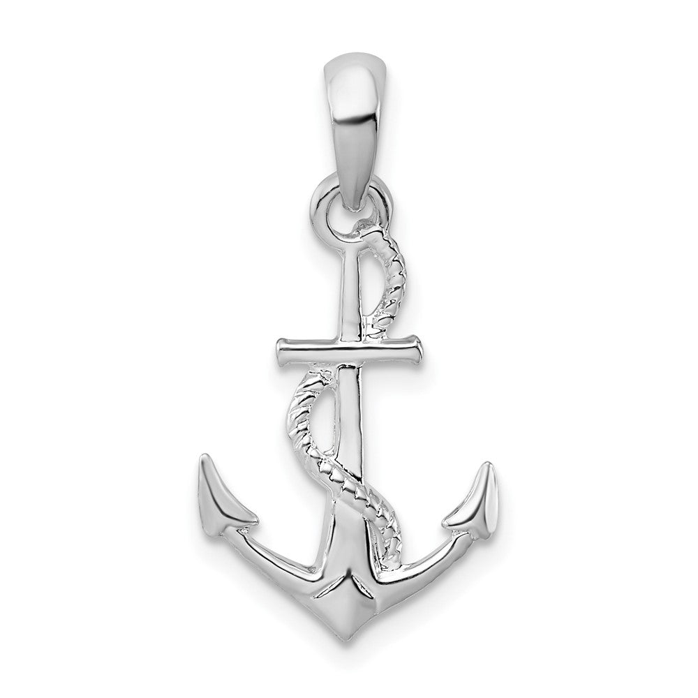 Sterling Silver Rhod-plated Polished/Textured 3D Anchor w/Rope Pendant