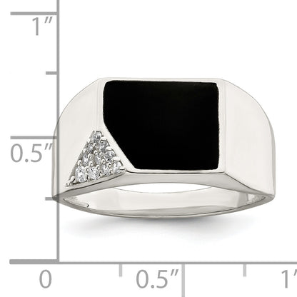 Sterling Silver Black Enameled and CZ Mens Ring