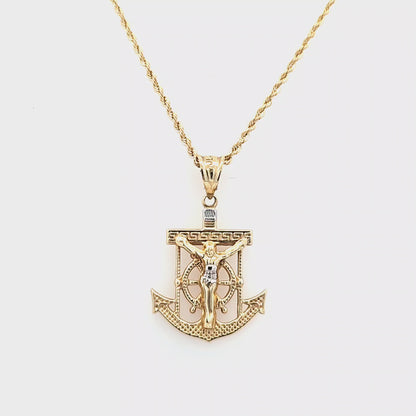 Gold Anchor Pendant with Jesus on Rope Chain 20" 10K