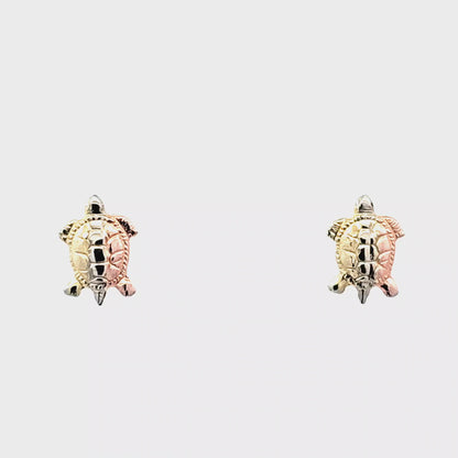 Charming Turtle Stud Earrings 10K Tri Color Gold